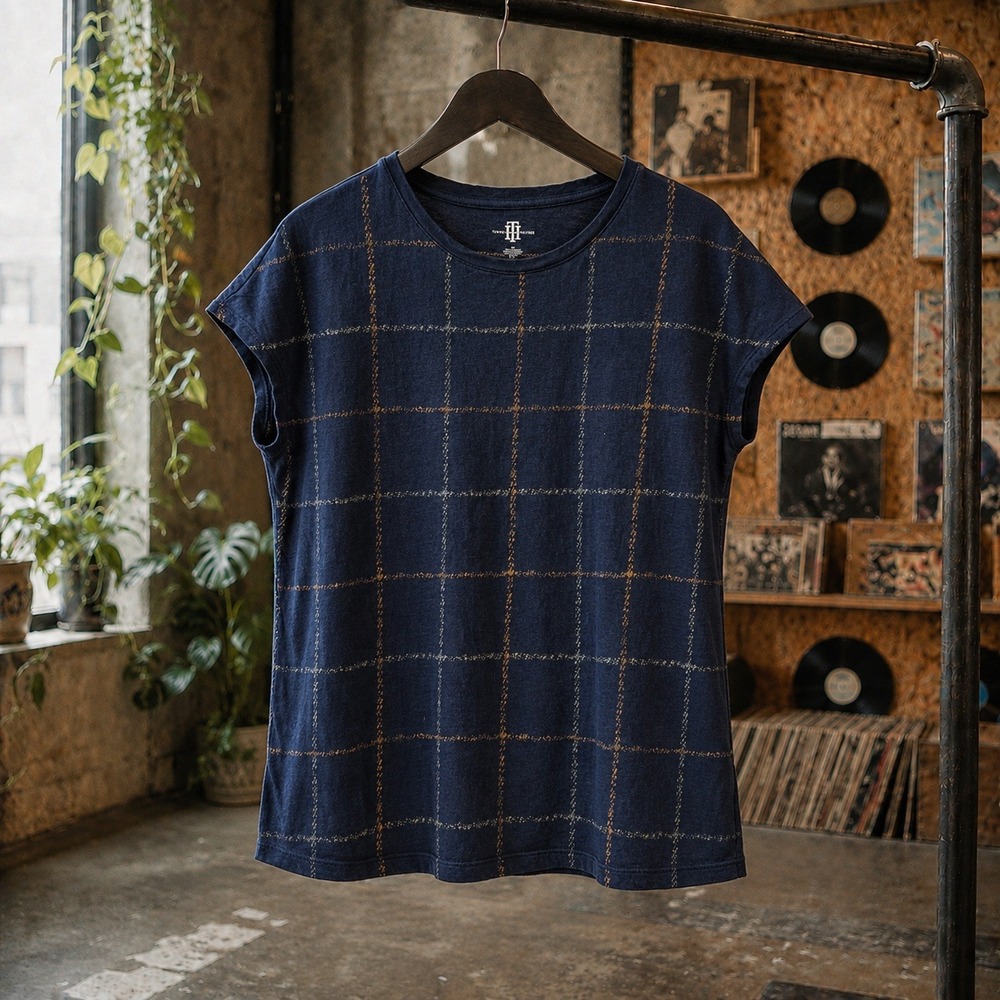 Tommy Hilfiger Womens Navy Blue Metallic Grid Print Cap Sleeve Tee Shirt Small